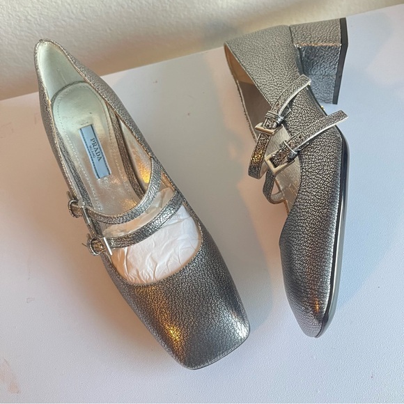 NWT | PRADA Silver Mary Jane Heels Square Toe Madras Fume Argentina 38.5 - Picture 9 of 9